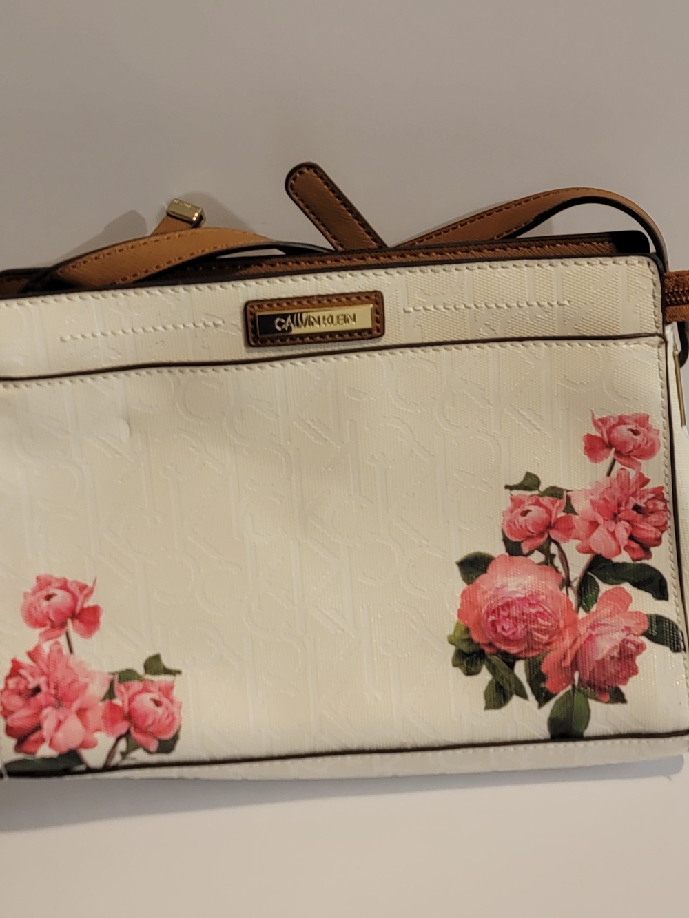 Calvin Klein White Crossbody with Pink Rose Print and Tan Strap